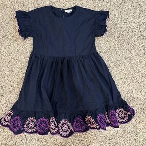 Girls Size 8 Cotton Navy Dress Flutter Sleeve & Embroidery by J Crew EUC